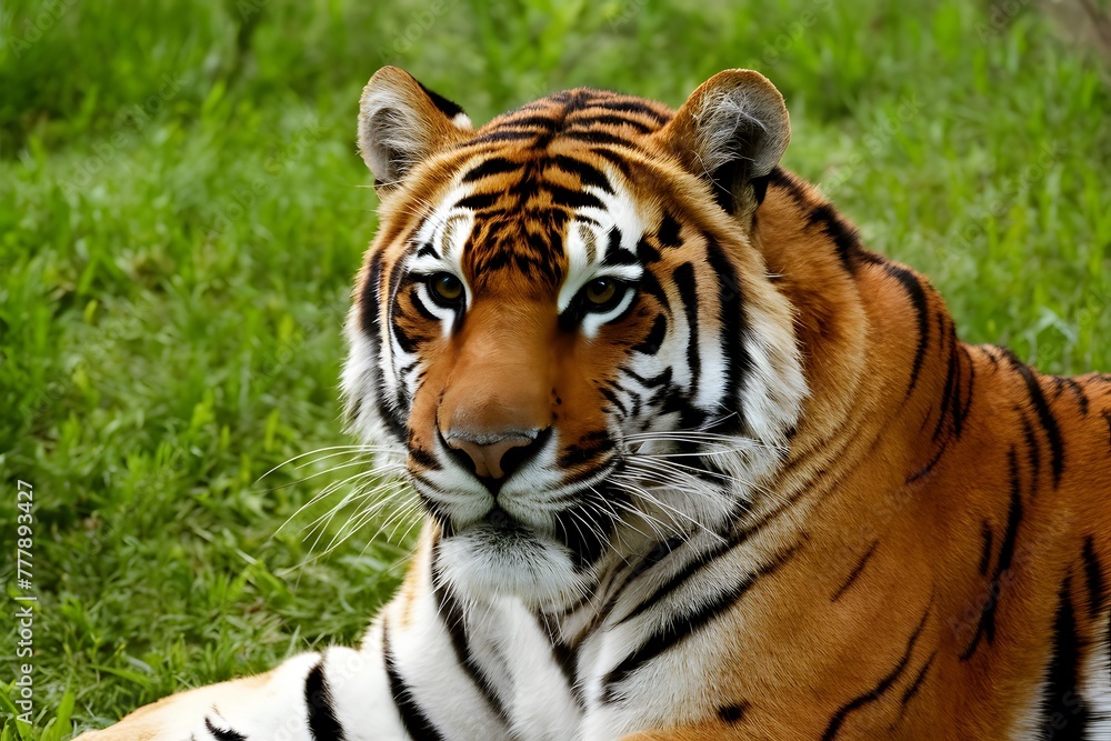 Bengal tigers close up shot against lush green grass backdrop