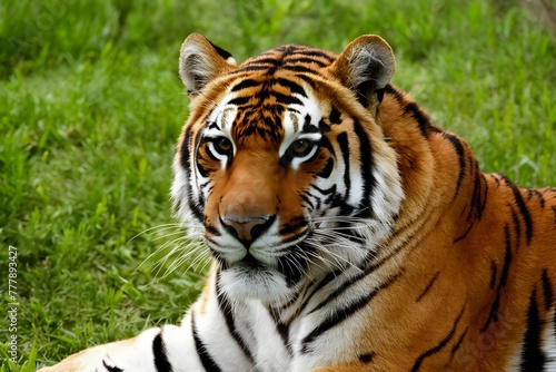 Bengal tigers close up shot against lush green grass backdrop