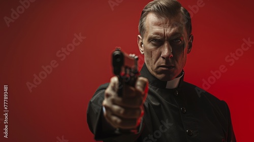 Priest Pointing Gun at Camera