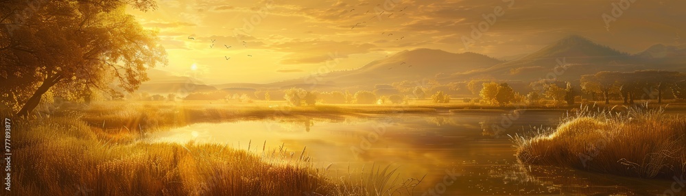 A golden hour landscape with the sun casting a soft