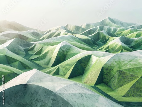 A 3D rendering of a geometric landscape with rolling hills and valleys formed from triangular facets