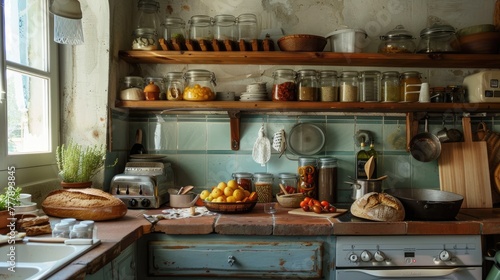 A cozy farmhouse kitchen with homemade preserves and fresh bread on the counter photo