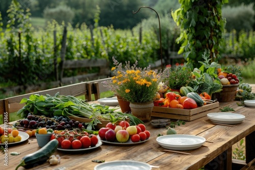 A farm-to-table dinner set outdoors with fresh produce and natural settings