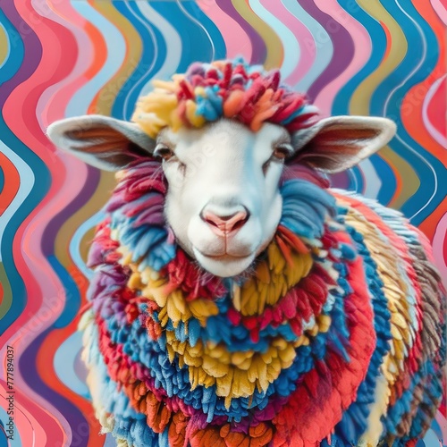 Pop art-inspired sheep with bold colorful wool patterns against a retro wallpaper background