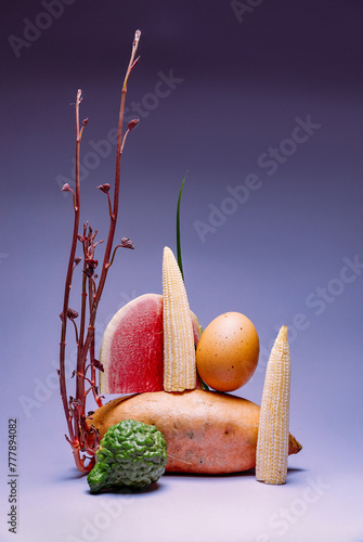 Art still life with sweet potato and corn. photo