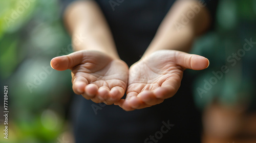 A womans hands are held out empty with palms up ready to receive something photo