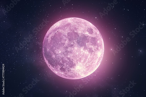 A full pink moon with a starry sky background