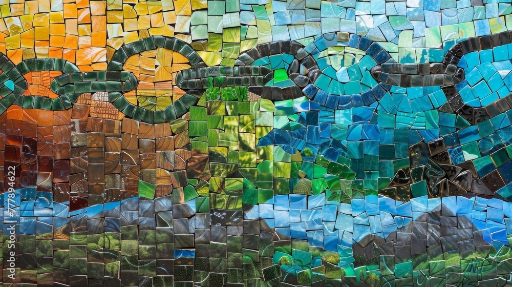 Naklejka premium A mosaic of diverse landscapes each one representing a different country with a chain of biofuel symbols weaving through them. .