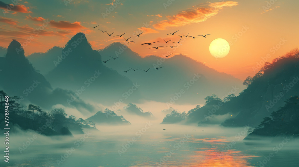 custom made wallpaper toronto digitalMisty mountains with gentle slopes and flock of birds in sunrise sky. Traditional oriental ink painting.