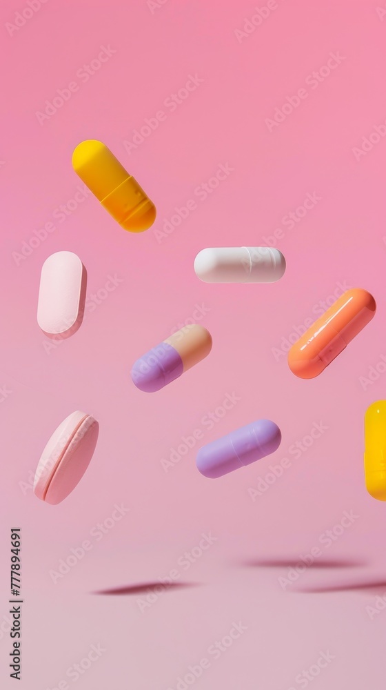 Variety of pills falling against a pastel pink background, concept of healthcare and medicine Variety of pills falling against a pastel pink background, concept of healthcare and medicine