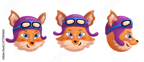 Funny cartoon fox head in retro helmet as a biker, racer, pilot. Vector illustration set.