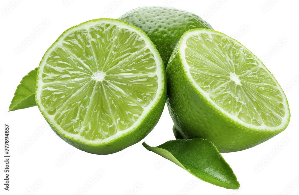 A lime is cut in half and has a green leaf on top, cut out - stock png.
