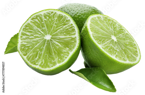 A lime is cut in half and has a green leaf on top, cut out - stock png.