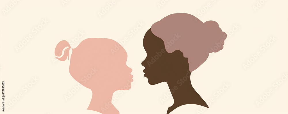 Cute latina asian african black mother and child daughter silhouette off white background mother's day family love copy space illustration