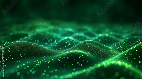 Abstract green particle background. Flow wave with dot landscape. Digital data structure. Future mesh or sound grid. Pattern point visualization.