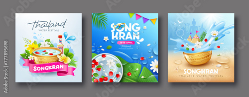 Songkran water festival thailand, happy new year thailand, summer time, poster flyer three square pattern, design collections background, Eps 10 vector illustration
