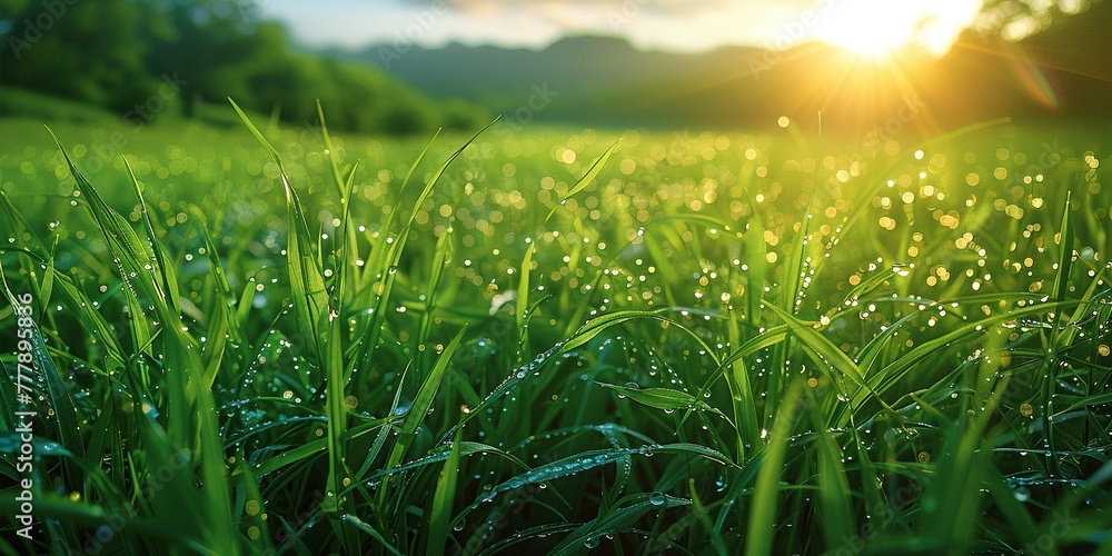 Morning sunlight falls on lush green grass in dew. The dew sparkles like a diamond in the soft light. Generative AI
