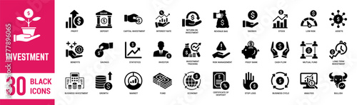 Investment solid icons set. Investment, financial, investor, economy, profit, mutual fund, gain, asset and cashflow. Vector illustration