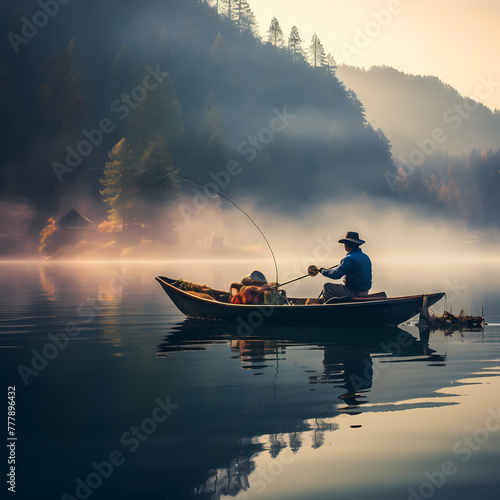 A fisherman casting a line into a serene lake.