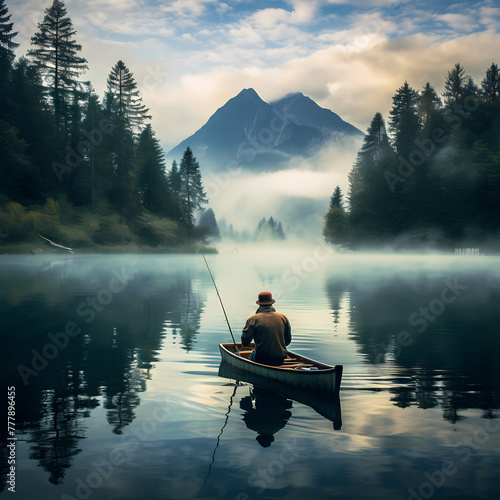A fisherman casting a line into a serene lake.