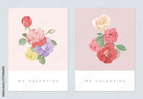Valentine day greeting card, minimalist colorful rose bouquet