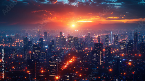 Modern city with wireless network connection and city scape concept. Wireless network and Connection technology concept with city background at night.