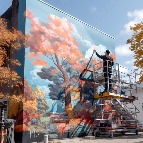 A person painting a mural on a building facade. 