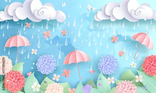 梅雨の中の傘と紫陽花