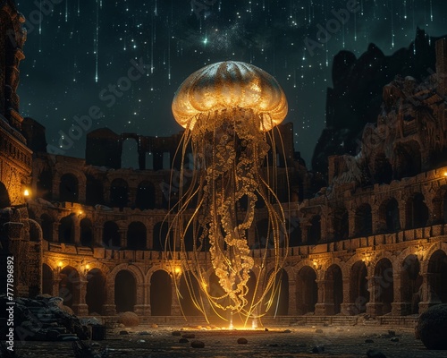 Bronze sculpture of a jellyfish in the center of an archaic arena Starry Nights twinkling aboveblender photo