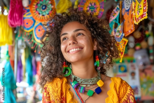 Smiling Young Woman in Vibrant Traditional Dress at a Colorful Market Stall with Festive Decorations © pisan