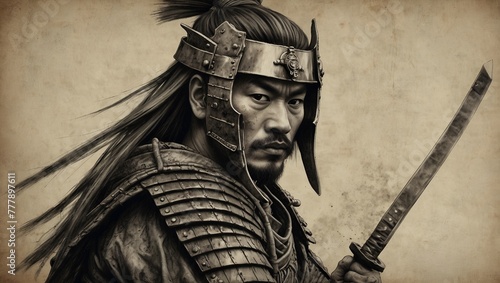 Japanese samurai in armour, carrying a sword, monochrome, realistic canvas painting style, turning his head to the right, half body, made with AI photo