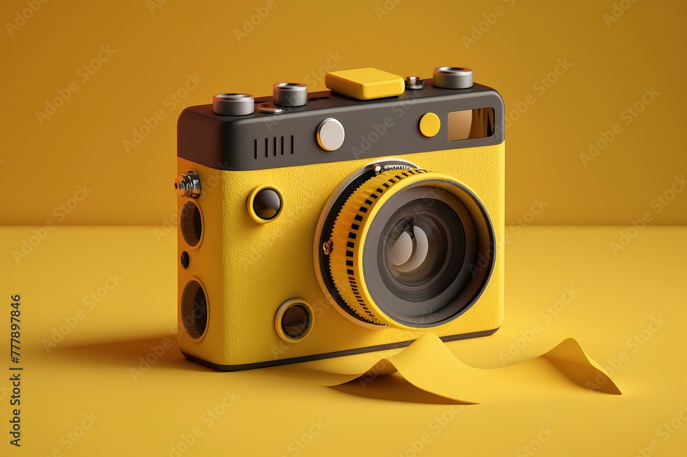 A high-definition image featuring an isolated camera on a cheerful yellow surface, the ideal representation for World Photography Day, leaving space for creative text.