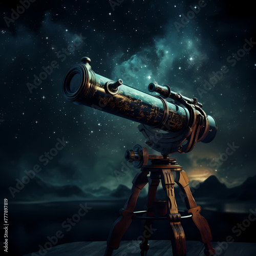 Antique telescope pointing at the stars. 