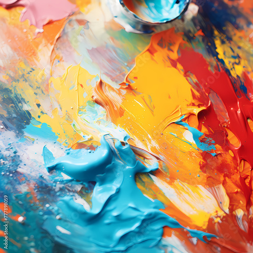 Close-up of a painters palette with vibrant splatters