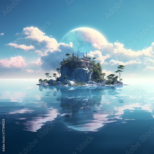 Dreamy seascape with a floating island in the distance