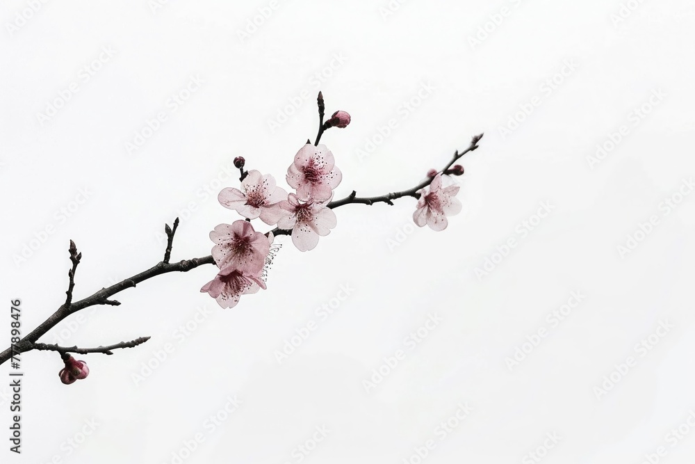 Simplistic yet striking depiction of a lone, delicate cherry blossom branch against a stark, white background Simplistic yet striking depiction of a lone, delicate cherry blossom branch against a stark, white background