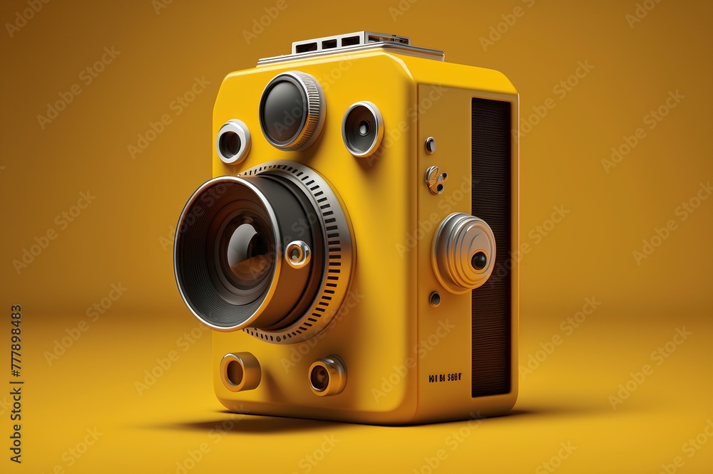 A realistic photograph showcasing a camera isolated on a lively yellow surface, providing a visually appealing canvas for World Photography Day messages and captions.