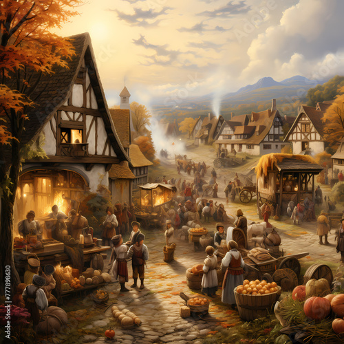 Medieval village celebrating a harvest festival.  photo
