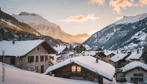 charming alpine village with snow draped rooftops and quaint chalets creating a magical winter wonderland generative ai