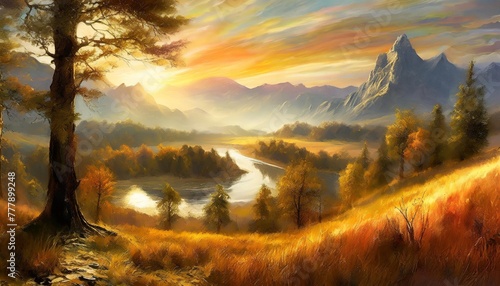 artwork is a fabulous landscape of mountains trees rivers and grass a fantasy sketch of amazing nature artwork sketch of beautiful mystical trees illustration