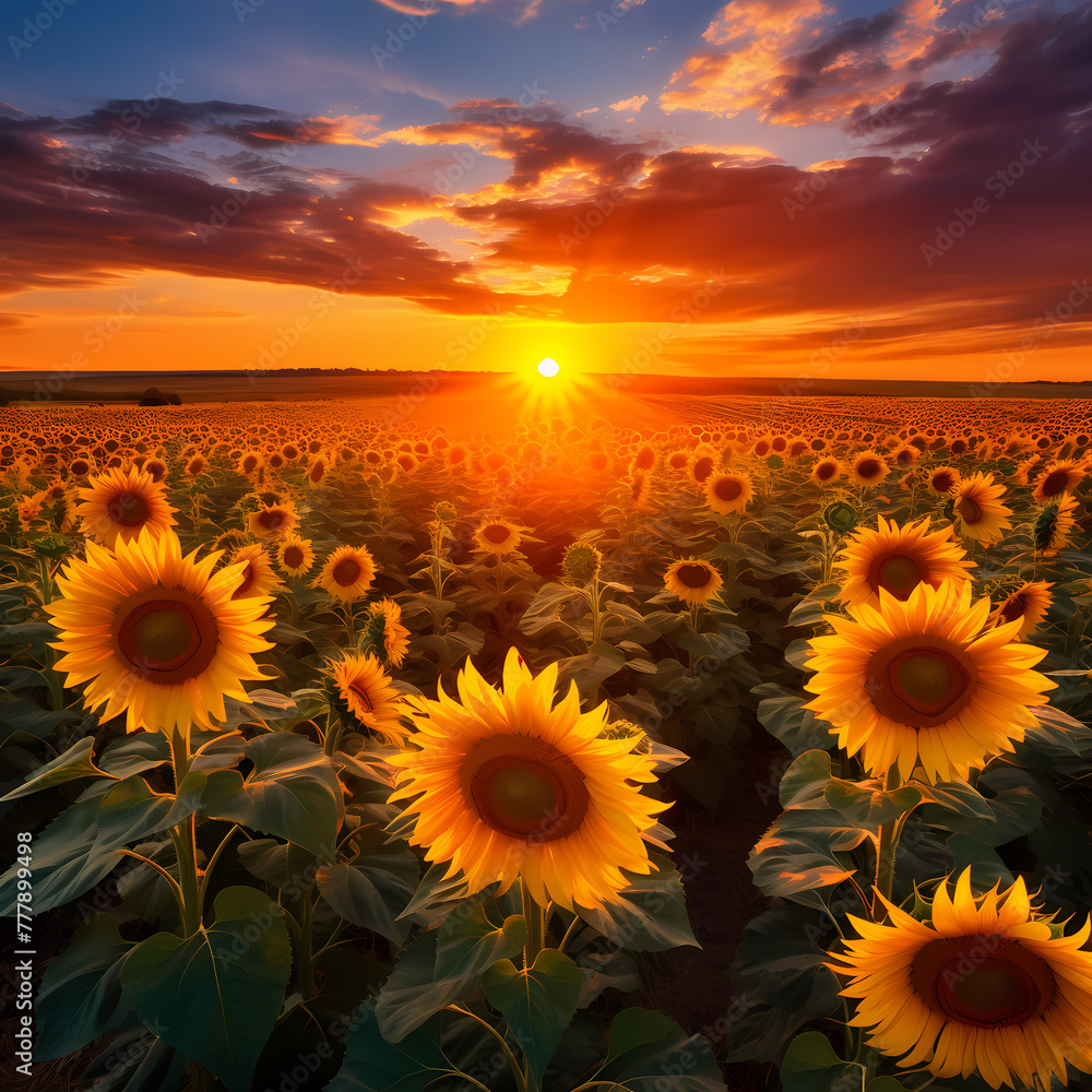 Sunflowers in a golden field at sunset. 