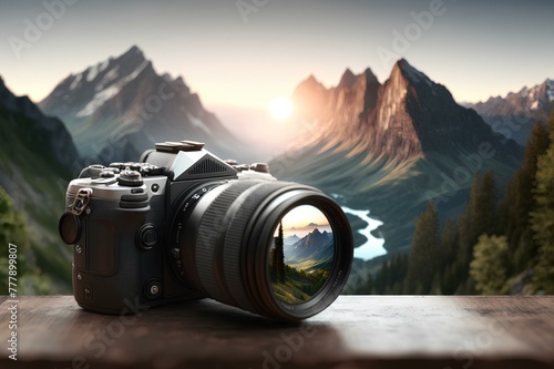 An HD image featuring a camera against a majestic mountainous panorama, the perfect representation for World Photography Day, with room for personalized text.