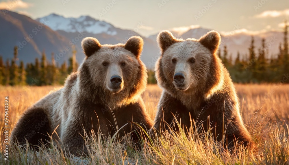 close up portrait of two brown bears ursus arctos horribilis relaxing in the grass at silver salmon creek alaska united states of america - obrazy, fototapety, plakaty 
