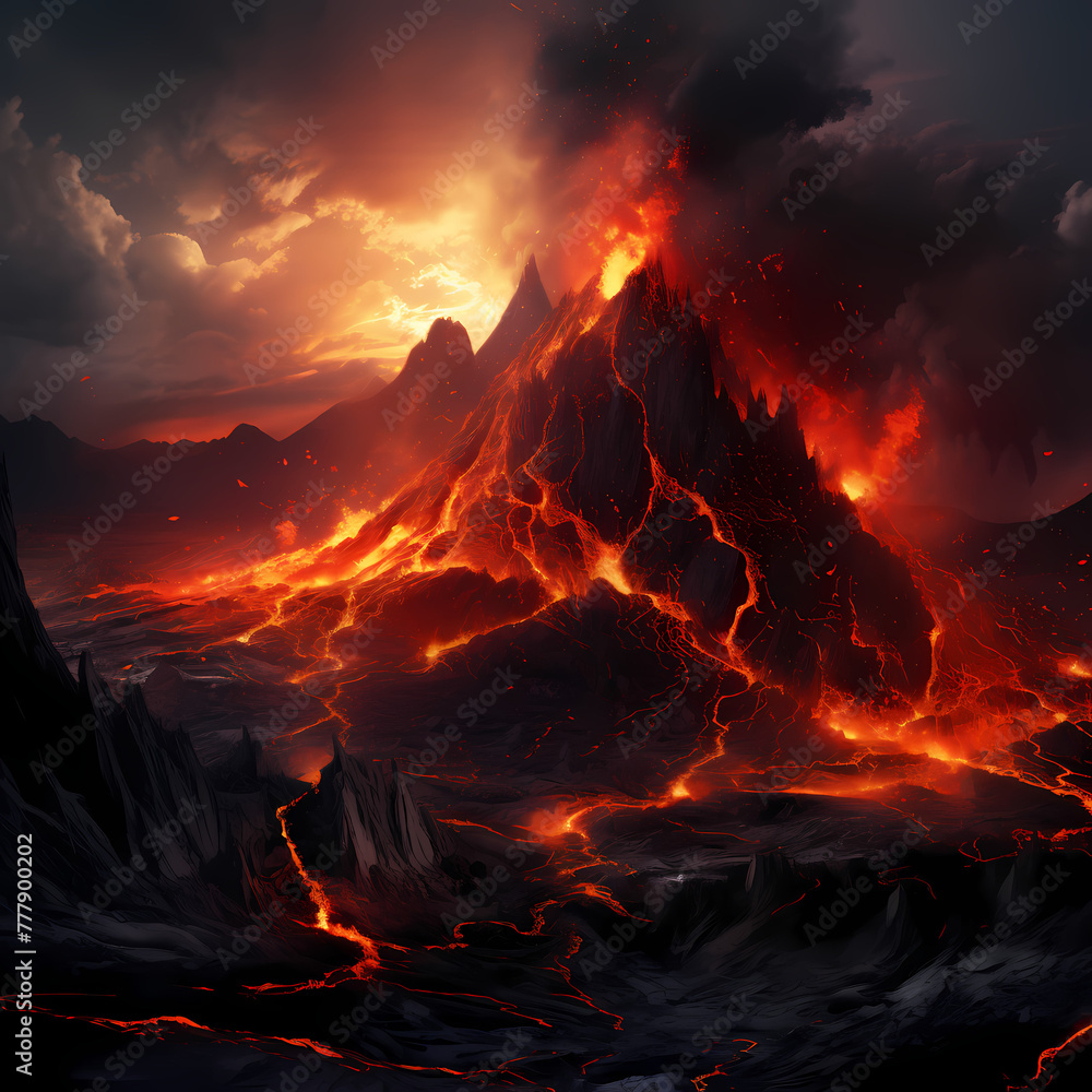 Volcanic eruption with molten lava flows. 