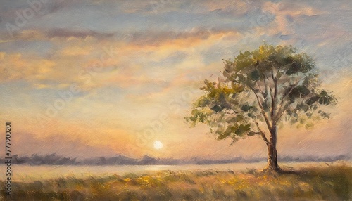 vintage oil painting sunset lonely tree nature landscape © Adrian
