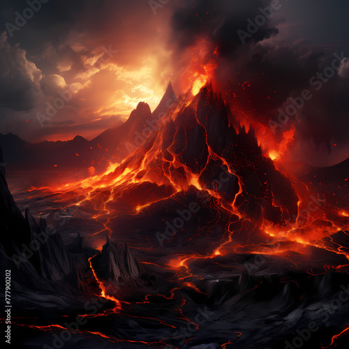 Volcanic eruption with molten lava flows. 