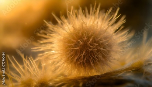 macrocosm the macroscopic world a furry virus on a stalk and a microorganism with large tentacles under a microscope