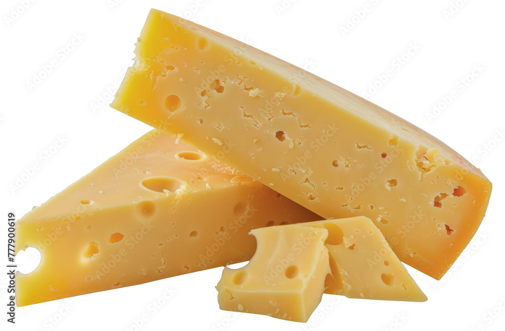 A slice of yellow cheese with holes in it, cut out - stock png.