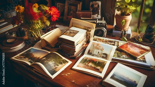 On a rustic table, an open photo album filled with snapshots from a summer trip, alongside instant photos showcasing the charm of a vintage camera. photo