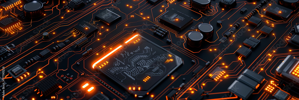 high-tech, dark gray circuit board with glowing orange, generative AI high-tech, dark gray circuit board with glowing orange, generative AI